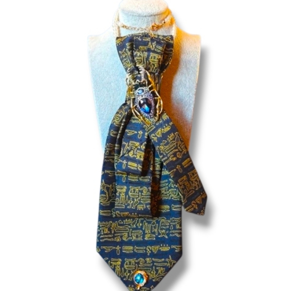 3/$60 Blue & Gold One Of A Kind Patterned Folded Cravat with Decorative Brooch